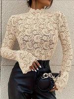 Mock Neck Long Sleeve Lace Top - Ladyez