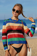 Angel Wings Rainbow Stripe Openwork Long Sleeve Cover-Up - Ladyez