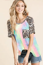 BiBi Tie Dye Knit Top with Leopard Raglan Sleeves