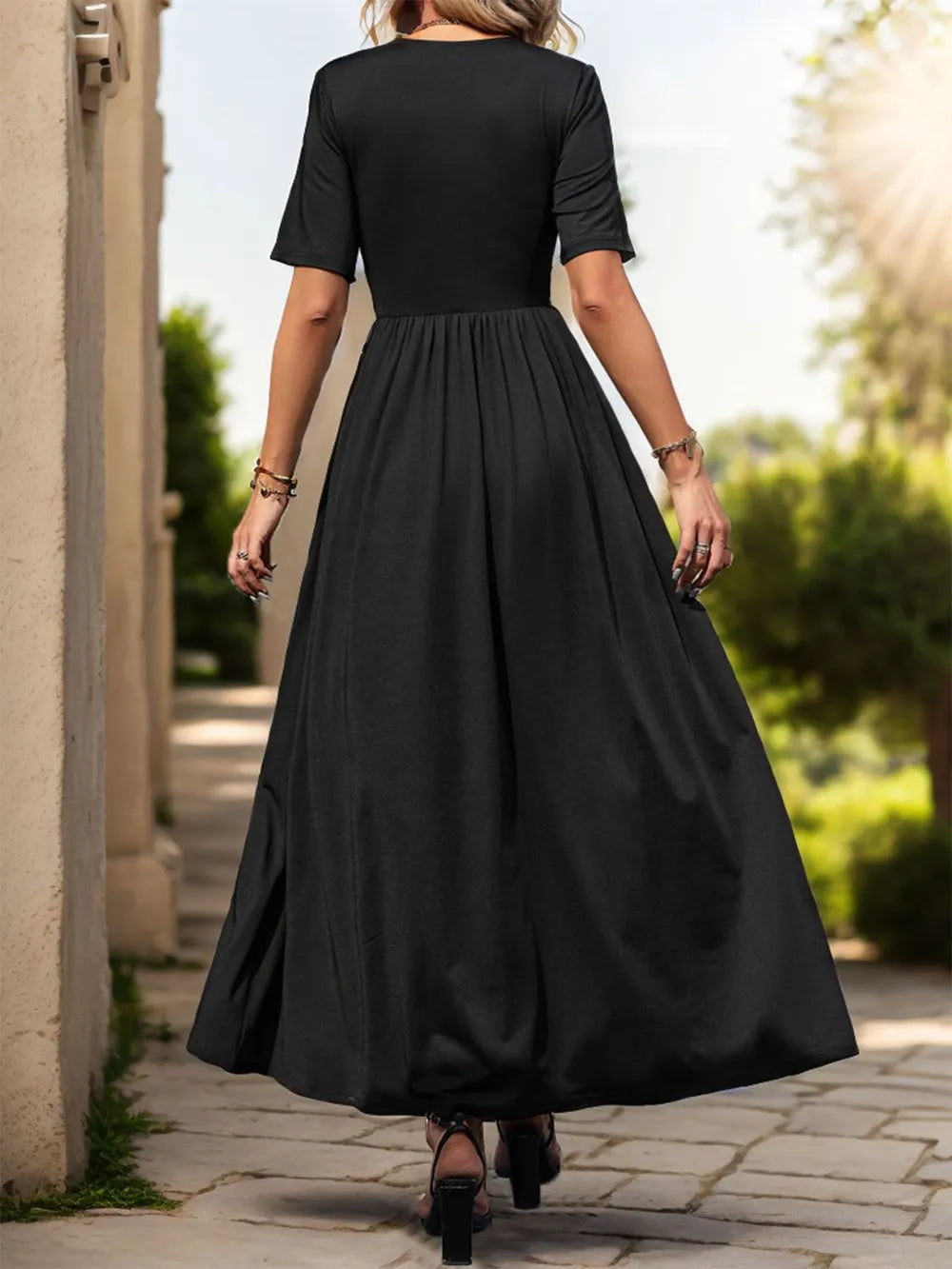 Perfee Lace Detail Slit V-Neck Short Sleeve Dress - Ladyez