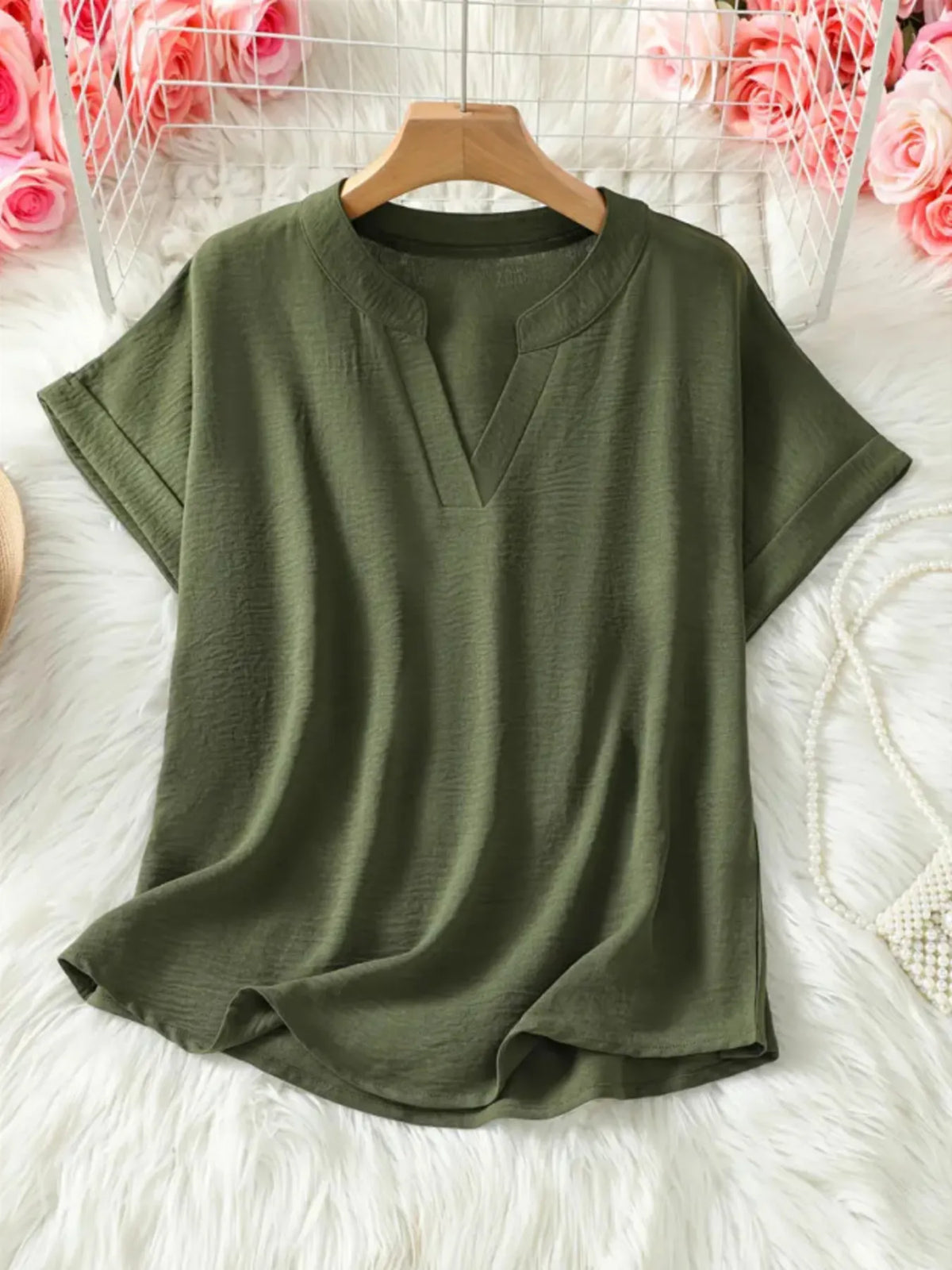 Casual Notched Short Sleeve Blouse - Ladyez