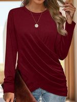 Ruched Round Neck Long Sleeve T-Shirt - Ladyez