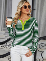 Striped Notched Long Sleeve T-Shirt - Ladyez