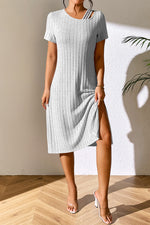 Ivy Lane Ribbed Asymmetrical Neck Short Sleeve Dress - Ladyez