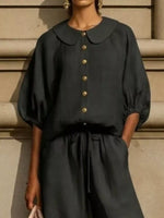 Full Size Button Down Half Sleeve Top and Pants Set Plus Size