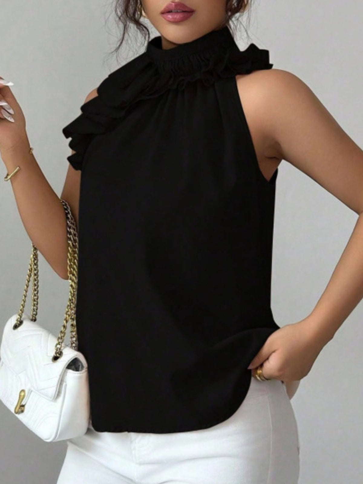 Ruffle High Neck Sleeveless Top