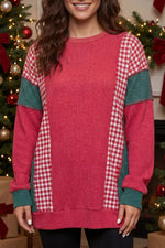 Patchwork Plaid Colorblock Twist Rib Round Neck Long Sleeve Top