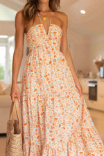 Floral Halter Neck Tiered Maxi Dress - Ladyez