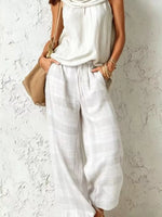 Full Size Sleeveless Cowl Neck Top and Plaid Wide-Leg Pant Two-Piece Set Plus Size