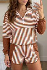 Stripe Color Block Patchwork Quarter Zip Pullover Sporty Shorts Set