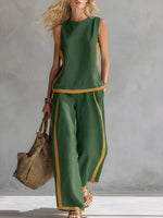 Full Size Contrast Stripe Sleeveless Top & Wide-Leg Pants Set Plus Size