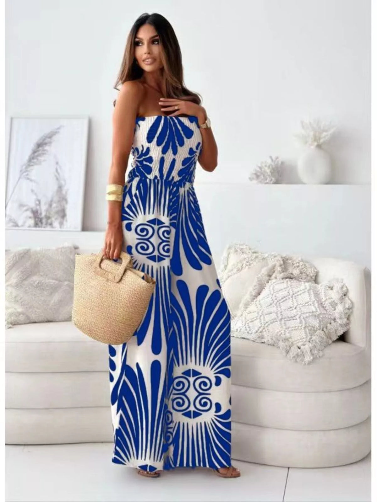 Printed Strapless Wide-Leg Jumpsuit