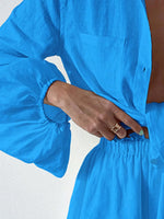 Full Size Button Up Balloon Sleeve Top and Shorts Set Plus Size - Ladyez