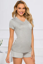Striped Short Sleeve Top and Shorts Lounge Set - Ladyez