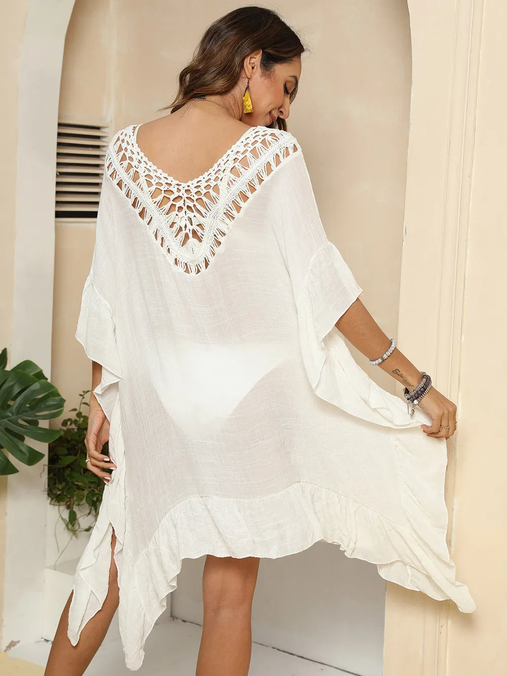 Cutout Ruffled Half Sleeve Cover-Up - Ladyez