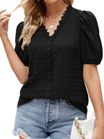 Puff Sleeve Swiss Dot Lace Trim Blouse