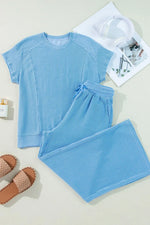Ribbed Knit Round Neck Top and Pants Casual Set