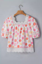 Polka Dot Lace Trim Square Neck Puff Sleeve Blouse