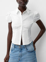 Striped Button Up Puff Sleeve Shirt