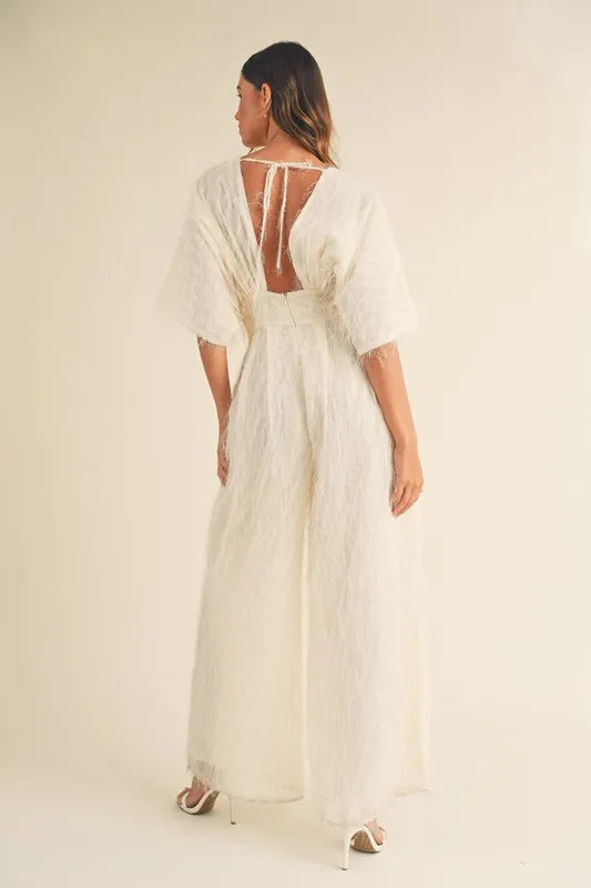 MABLE Fluffy Deep V Neck Wide Leg Jumpsuit - Ladyez