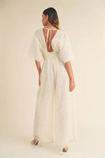MABLE Fluffy Deep V Neck Wide Leg Jumpsuit - Ladyez