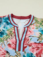 Contrast Trim V Neck Cuffed Bracelet Sleeve Floral Blouse