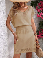 Openwork V-Neck Short Sleeve Cover-Up Dress - Ladyez