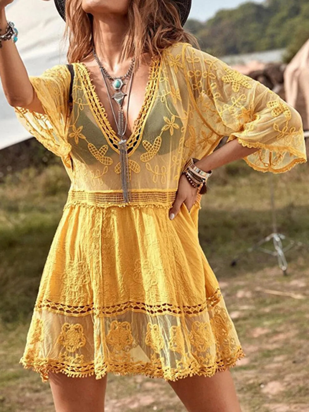 Lace Detail Plunge Cover-Up Dress - Ladyez