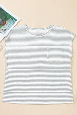 Stripe Cap Sleeve Crew Neck Casual Tee with Chest Pocket