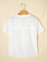 Flower Eyelet Embroidered Patchwork Sheer Short Sleeve Shirt