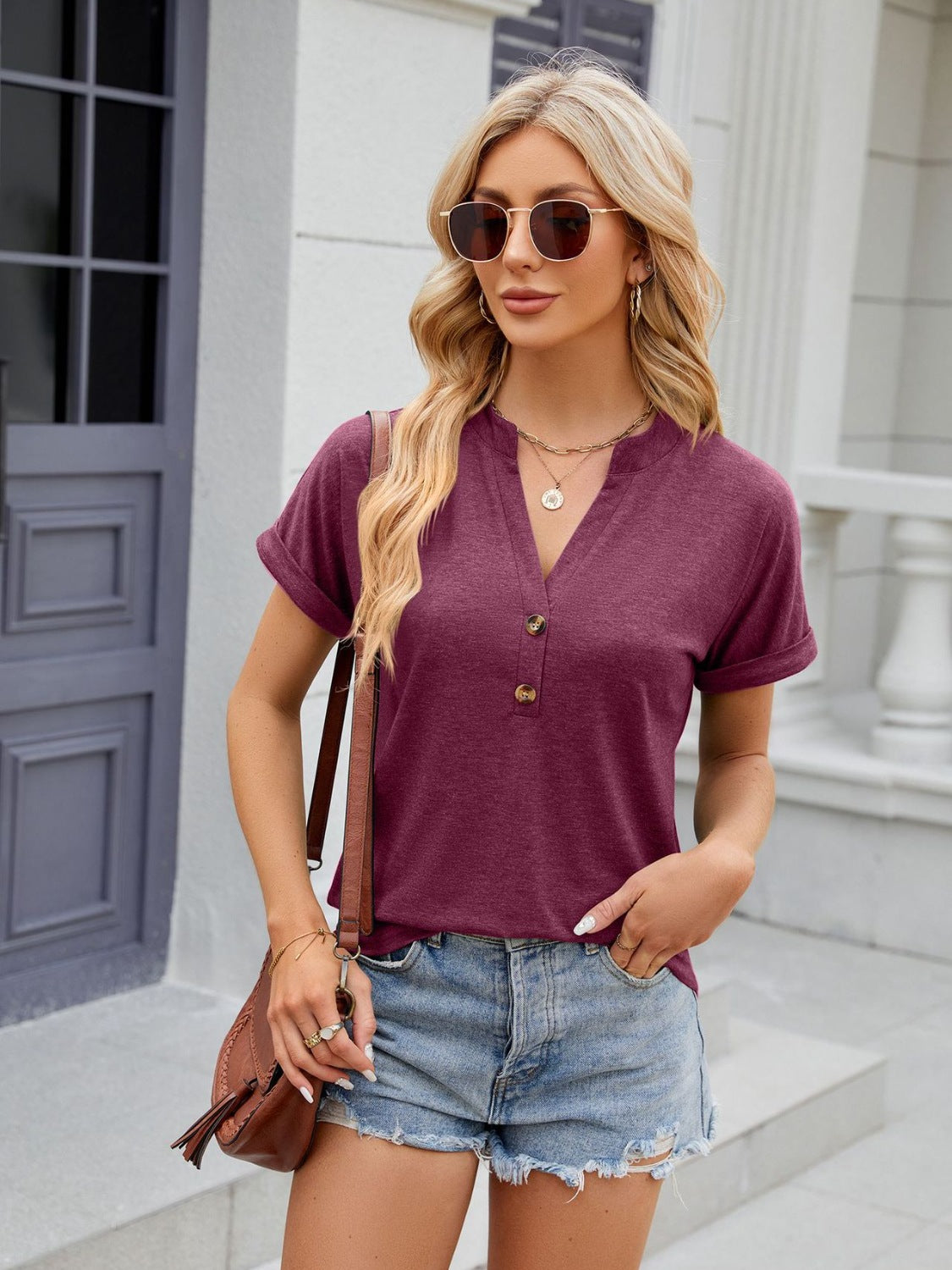 Florira Notched Short Sleeve T-Shirt - Ladyez