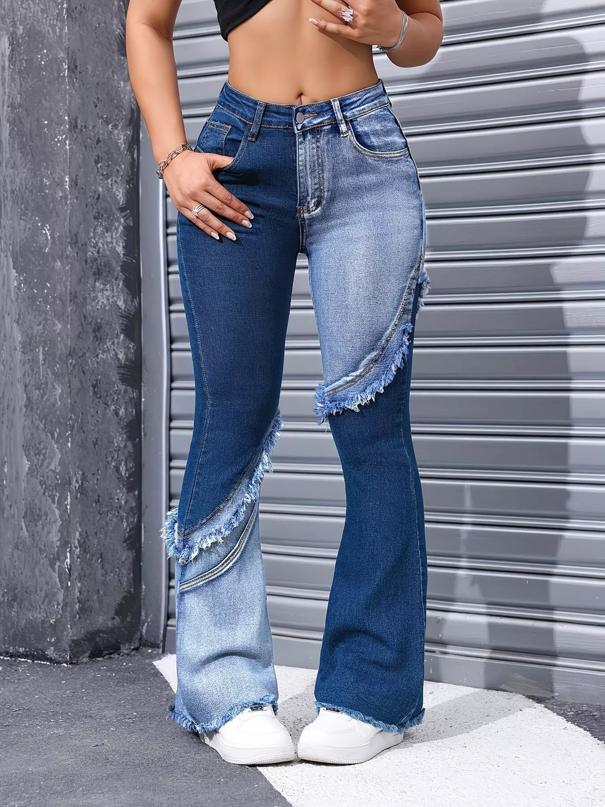 Two Tone Frayed Hem Flare Jeans