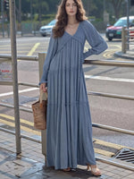 V-Neck Long Sleeve Tiered Maxi Dress