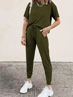 Full Size Round Neck Top and Drawstring Pants Set Plus Size