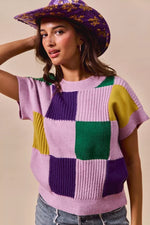 SO ME Mardi Gras Check Plaid Casual Sweater Top