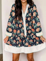Floral Print Striped Trim V Neck Long Sleeve Ruffle Hem Shift Mini Dress