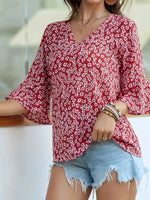 Floral Print V-Neck Bell Sleeve Blouse