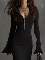 Ribbed Knit Zip Front Flare Hem Midi Dress