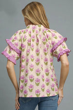 Umgee Floral Print Ruffle Short Sleeve Blouse