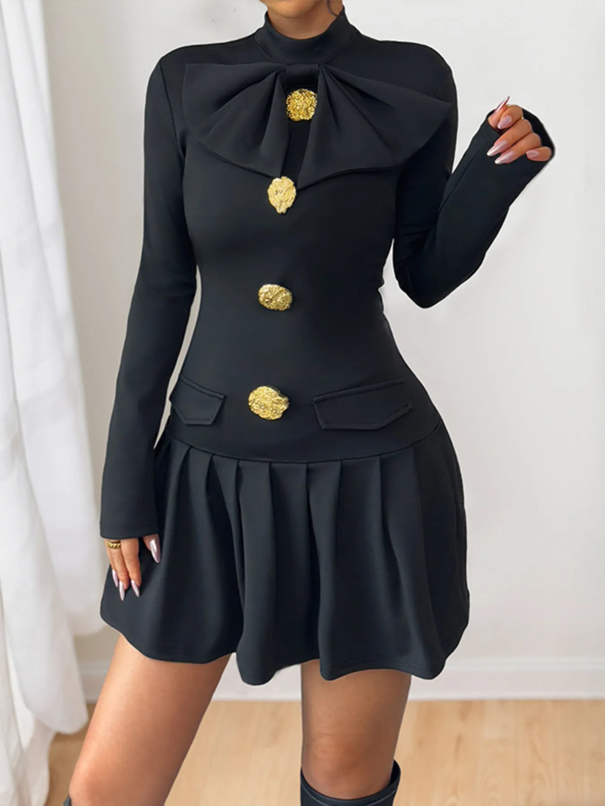 Decorative Button Mock Neck Long Sleeve Mini Dress - Ladyez