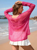 Openwork Slit Boat Neck Long Sleeve Cover-Up - Ladyez