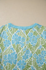 Floral Print Ruffled Color Block Trim Half Sleeve Blouse