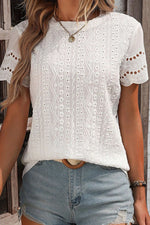 Eyelet Round Neck Short Sleeve Top - Ladyez