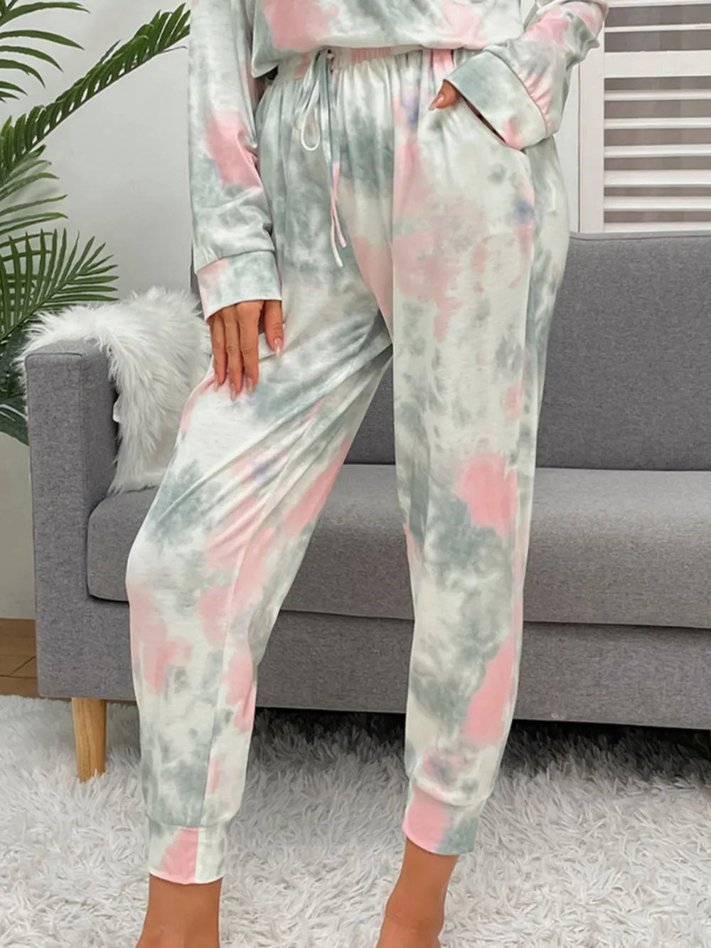Shiny Tie-Dye Round Neck Top and Drawstring Pants Lounge Set - Ladyez
