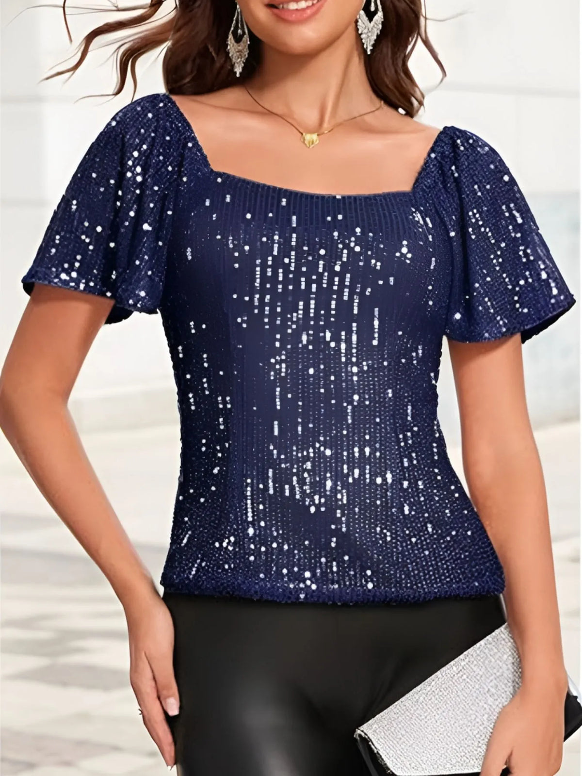 Square Neck Sequin Short Sleeve Blouse - Ladyez