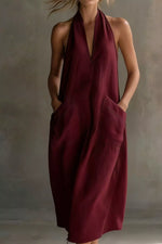 Casual Halter Neck Pocket Midi Dress