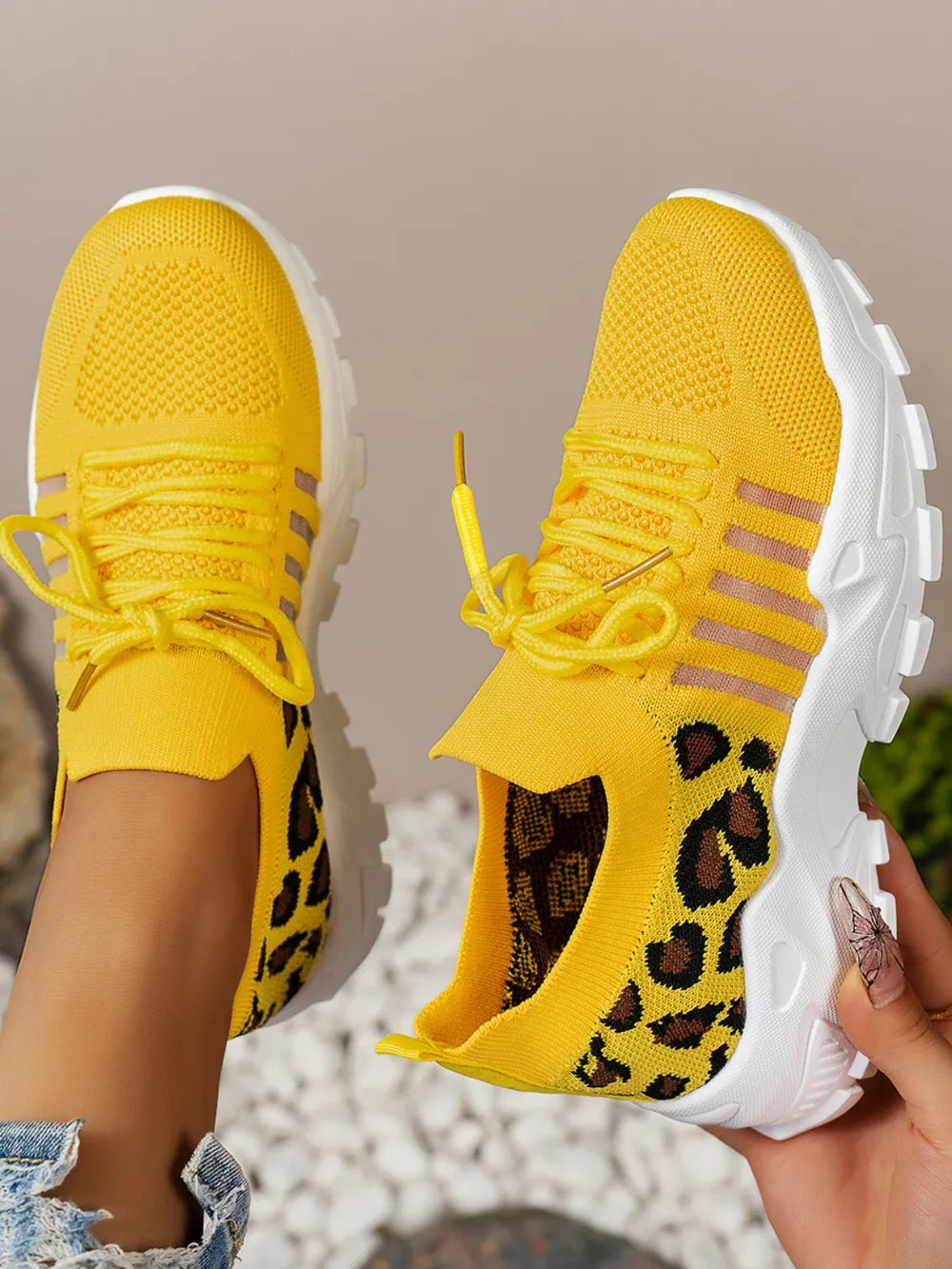Cutout Leopard Lace Up Mesh Athletic - Ladyez