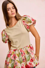 BiBi Floral Printed Bubble Sleeves and Hem Peplum Top