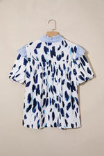 Abstract Animal Print Striped Ruffle Trim V Neck Blouse