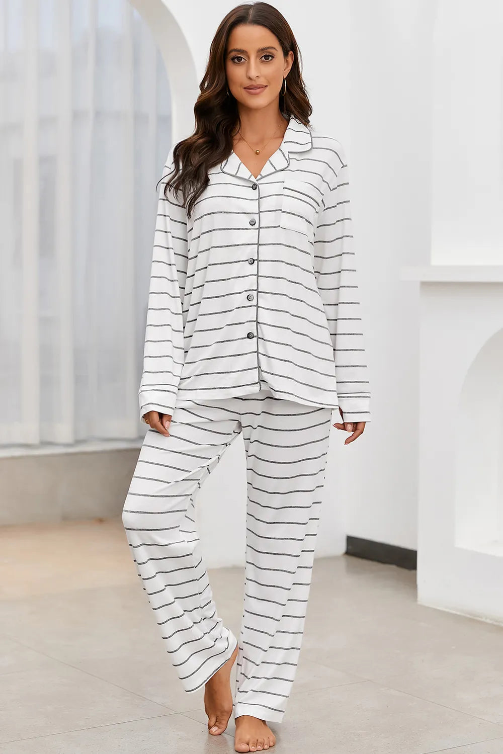 Striped V-Neck Long Sleeve Top and Pants Lounge Set - Ladyez